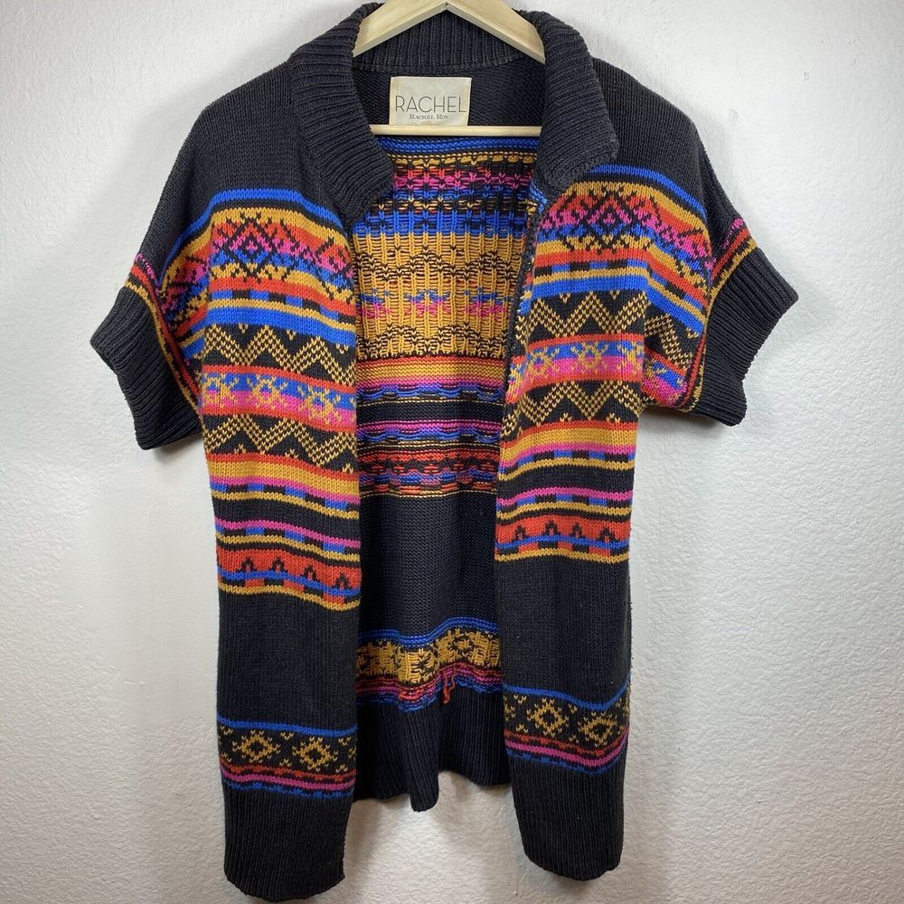 Rachel Roy Women Med Open Front Cardigan Duster Multicolor Aztec Western Cowgirl